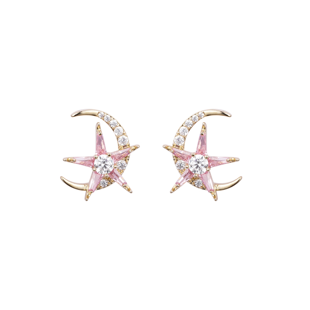 Entzückende Mond- und Sterne-Ohrringe in Rosa mit CZ, niedrige Mindestbestellmenge, verhandelbarer Preis
