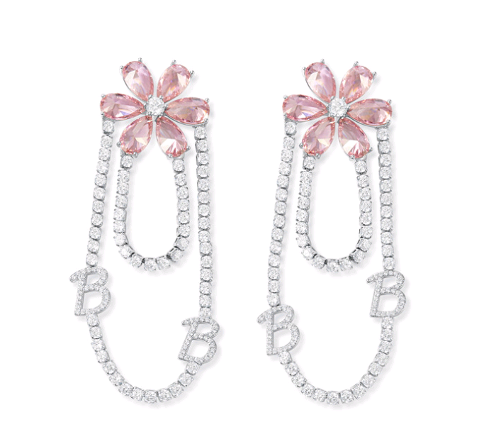 Rosa Blumen-Zirkon-Ohrringe mit zwei Kettenschichten ETB057